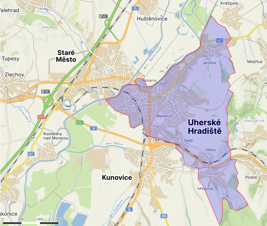 Mapa působnosti MMAS Uherské Hradiště
